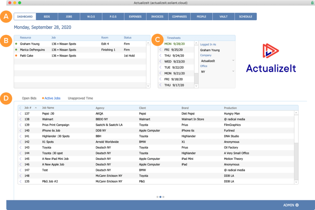 Screenshot of the ActualizeIt dashboard with callouts for the A. Main navigation, B. Resources portal, C. Timesheets portal, and D. Quick Links