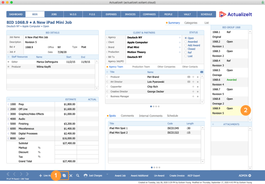 Screenshot of the Bid detail with the duplicate button (plus icon) highlighted and the Bid Group portal where new versions are added