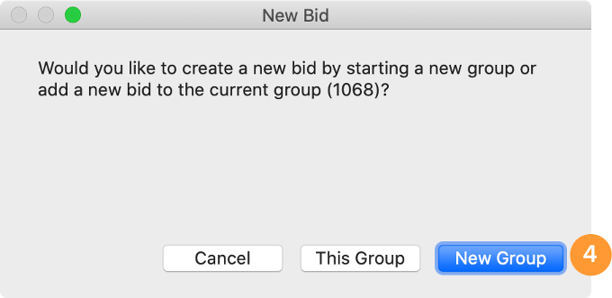 Screenshot of the New Bid dialog where user can choose to start a new bid group or add to an existing group.
