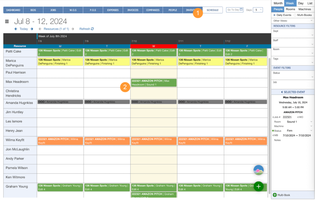 Screenshot of Jobs detail with callouts for 1. The Resource Calendar and 2. Bookings added to the calendar